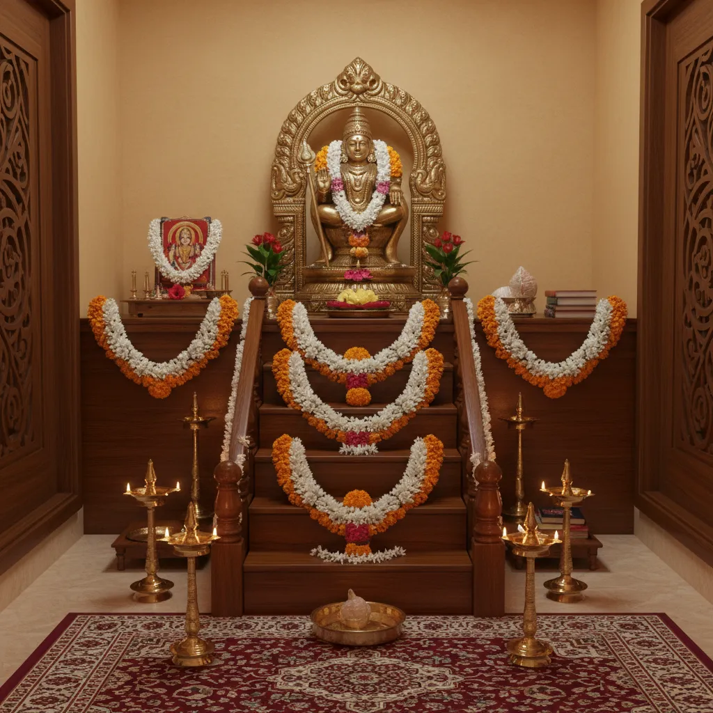Compact home Padi Pooja decoration with vertical step arrangement