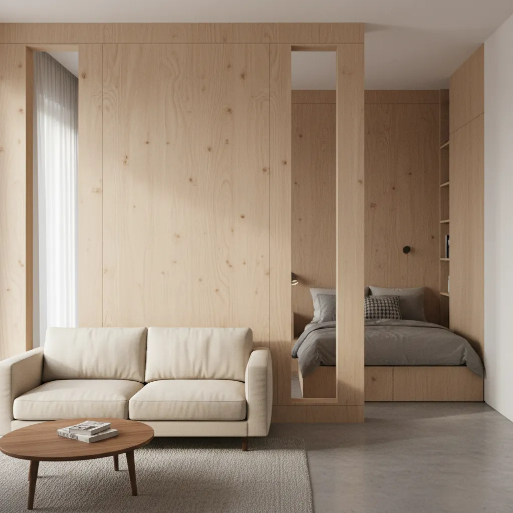 Compact apartment interior with modern plywood partition dividing living and sleeping zones