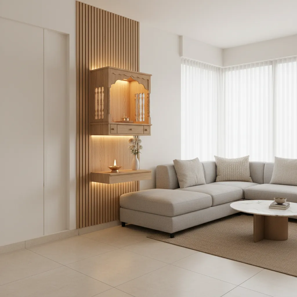 compact pooja corner setup inside a modern living room