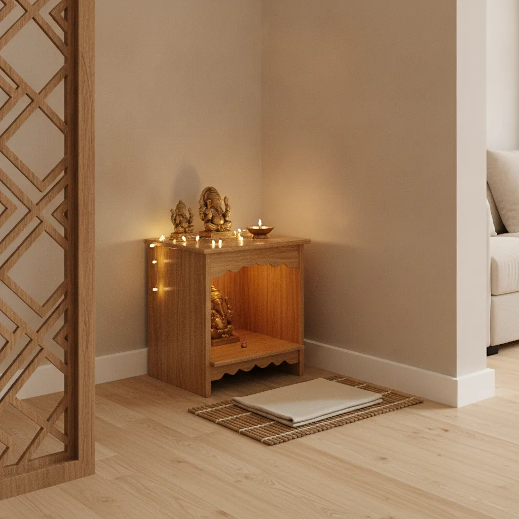 Small apartment prayer corner with compact wooden pooja stand