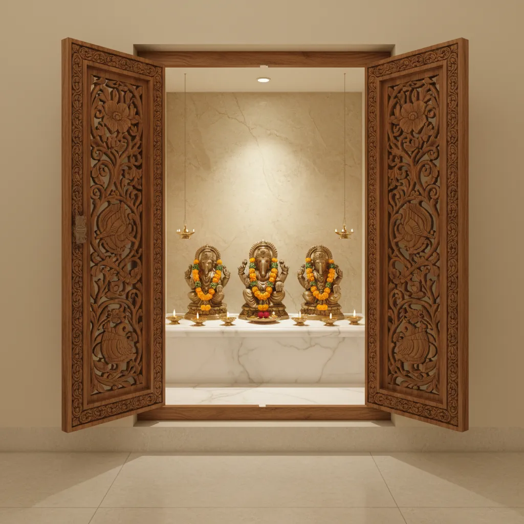 Compact home pooja room with traditional carved teak wood door