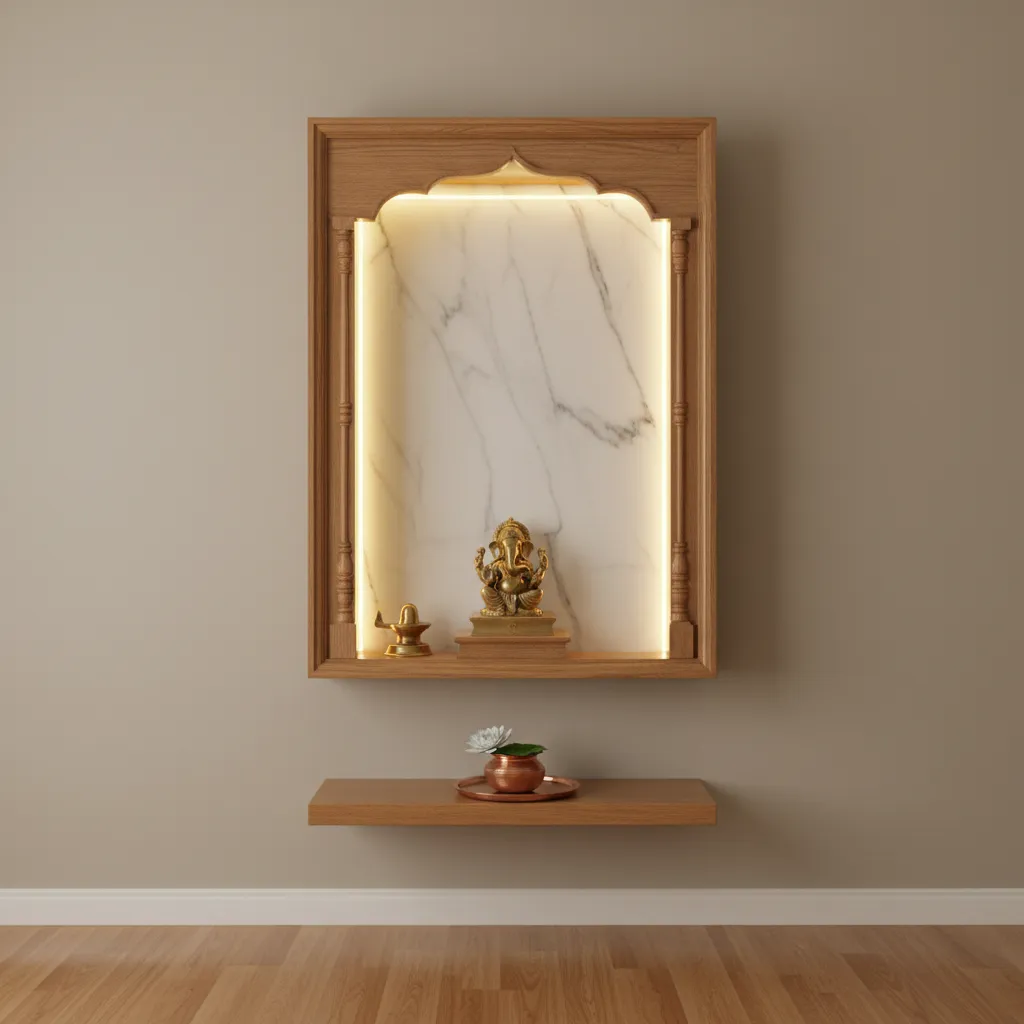 Small home pooja wall niche with marble background and wooden frame