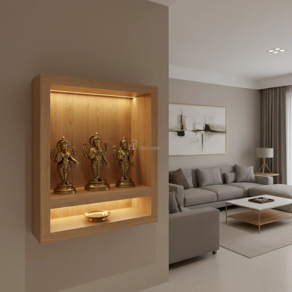 Wall mounted wooden pooja unit in a compact living room