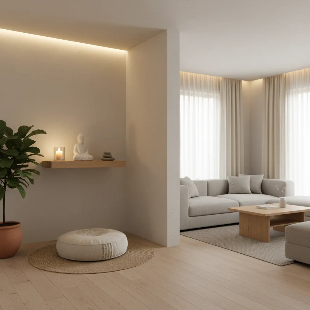 Minimalist prayer corner with altar shelf and soft lighting in a living room