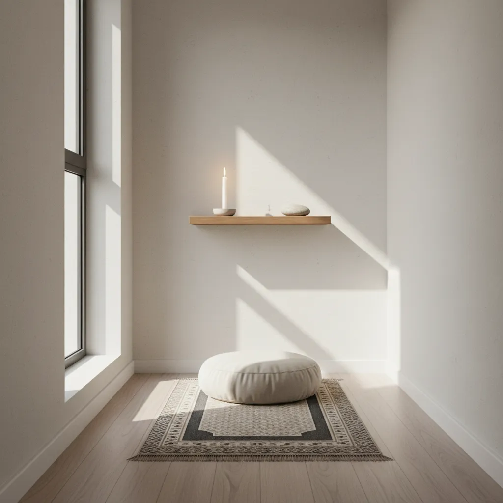 Small peaceful home prayer corner with floor cushion, altar shelf, and soft lighting