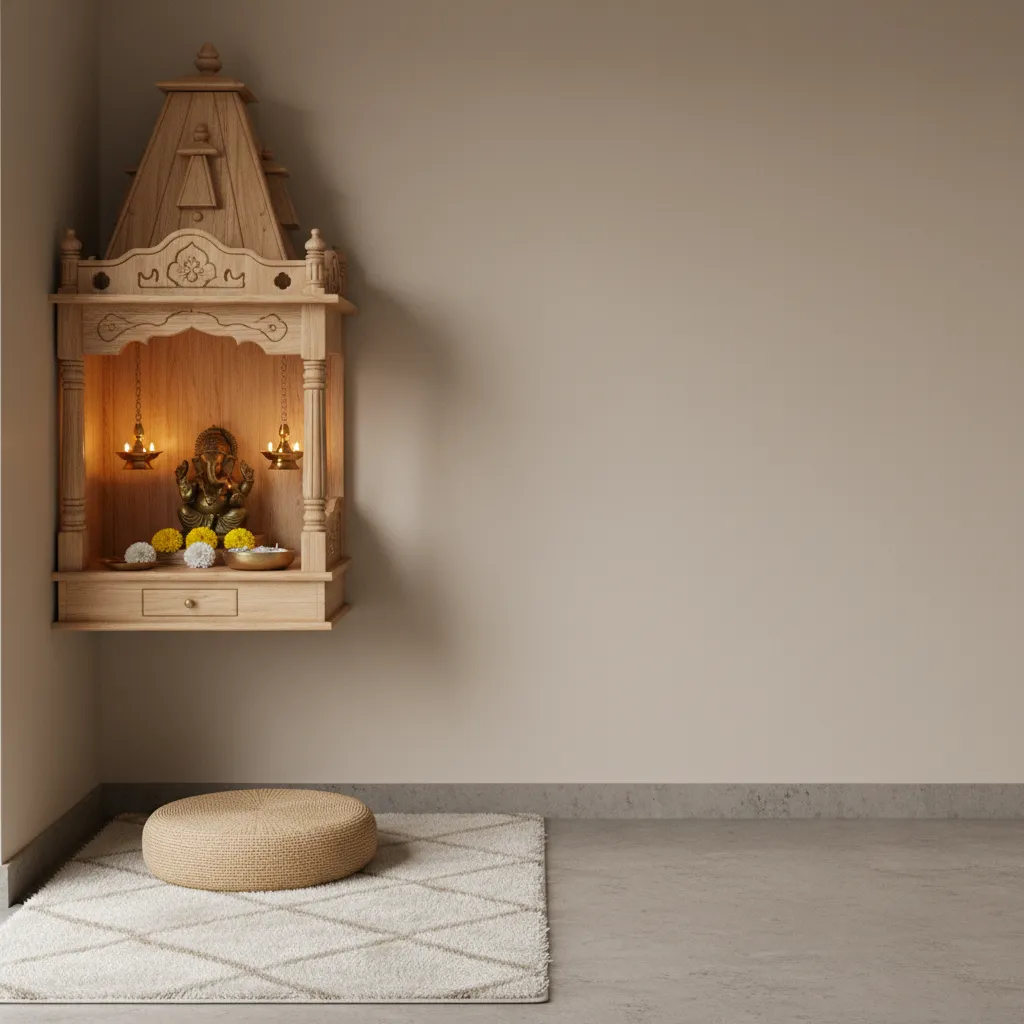 small apartment puja corner with calm wall backdrop