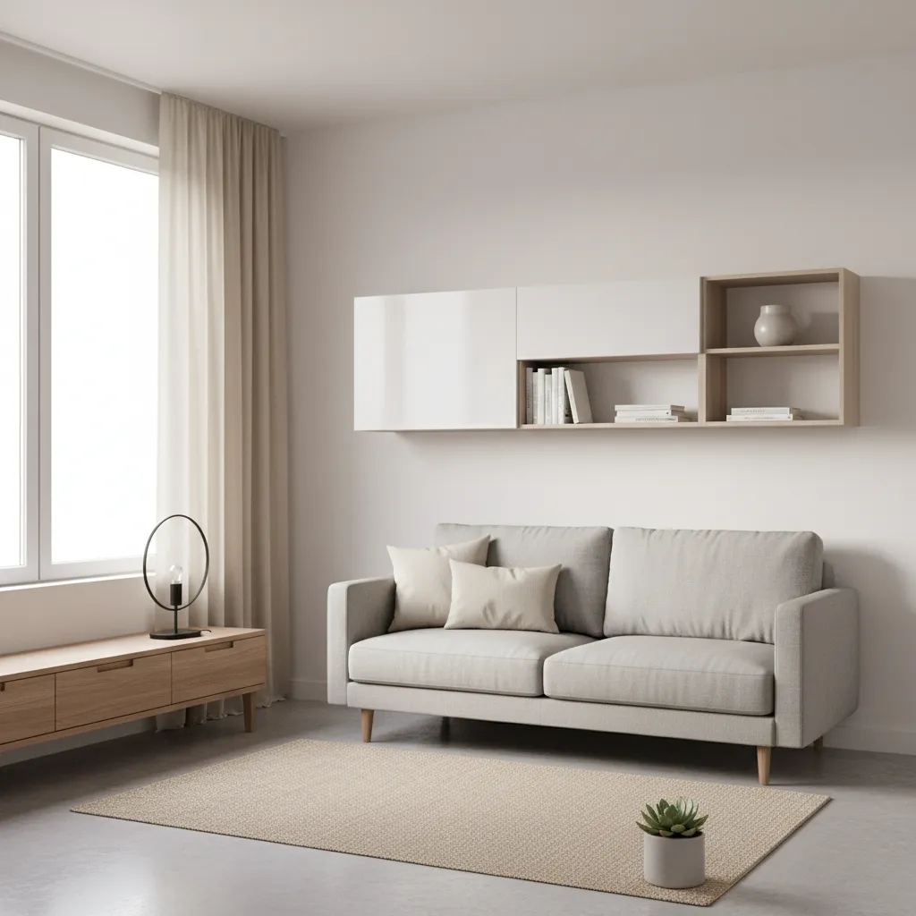 Minimalist living room with grey sofa, wooden cabinet, wall shelves, light curtains, and small plant