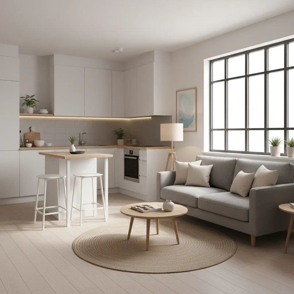 small home semi open kitchen and living room layout