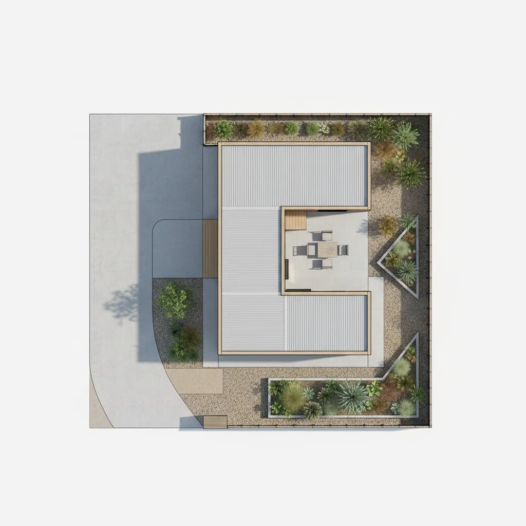 Site layout showing placement of a small modular home on a compact lot