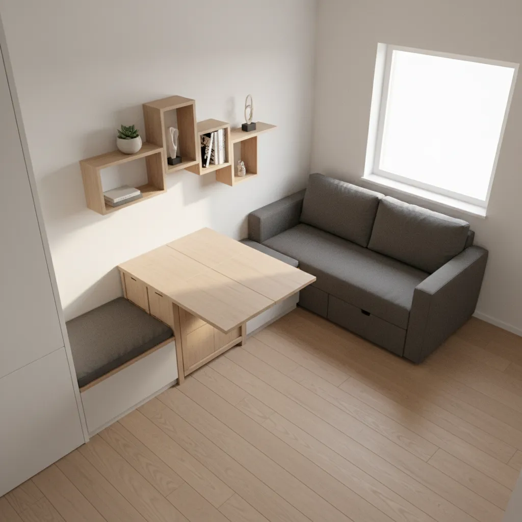 Space saving furniture arrangement inside a 460 sq ft home