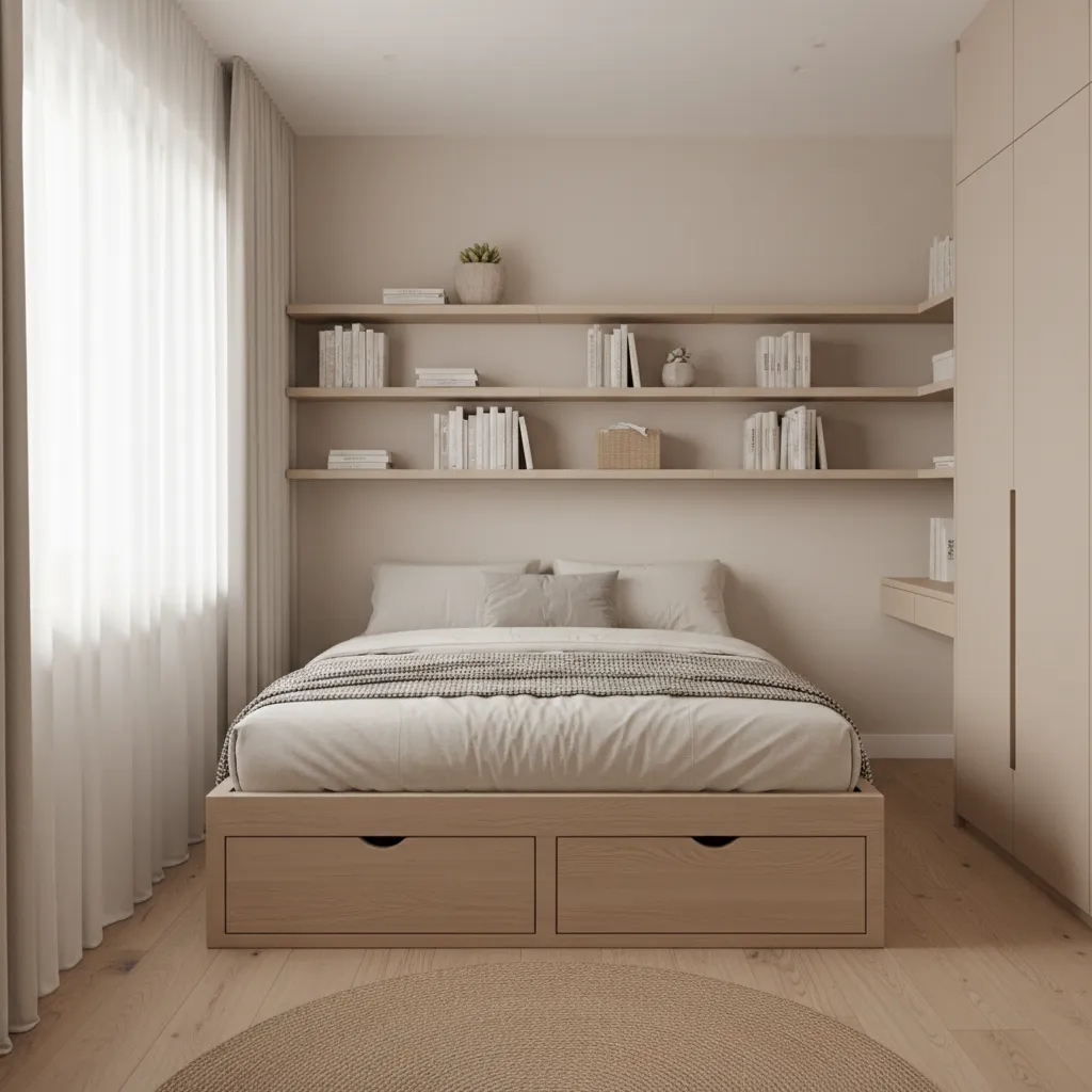 Built in storage solutions inside a small house bedroom with under bed drawers and wall shelving