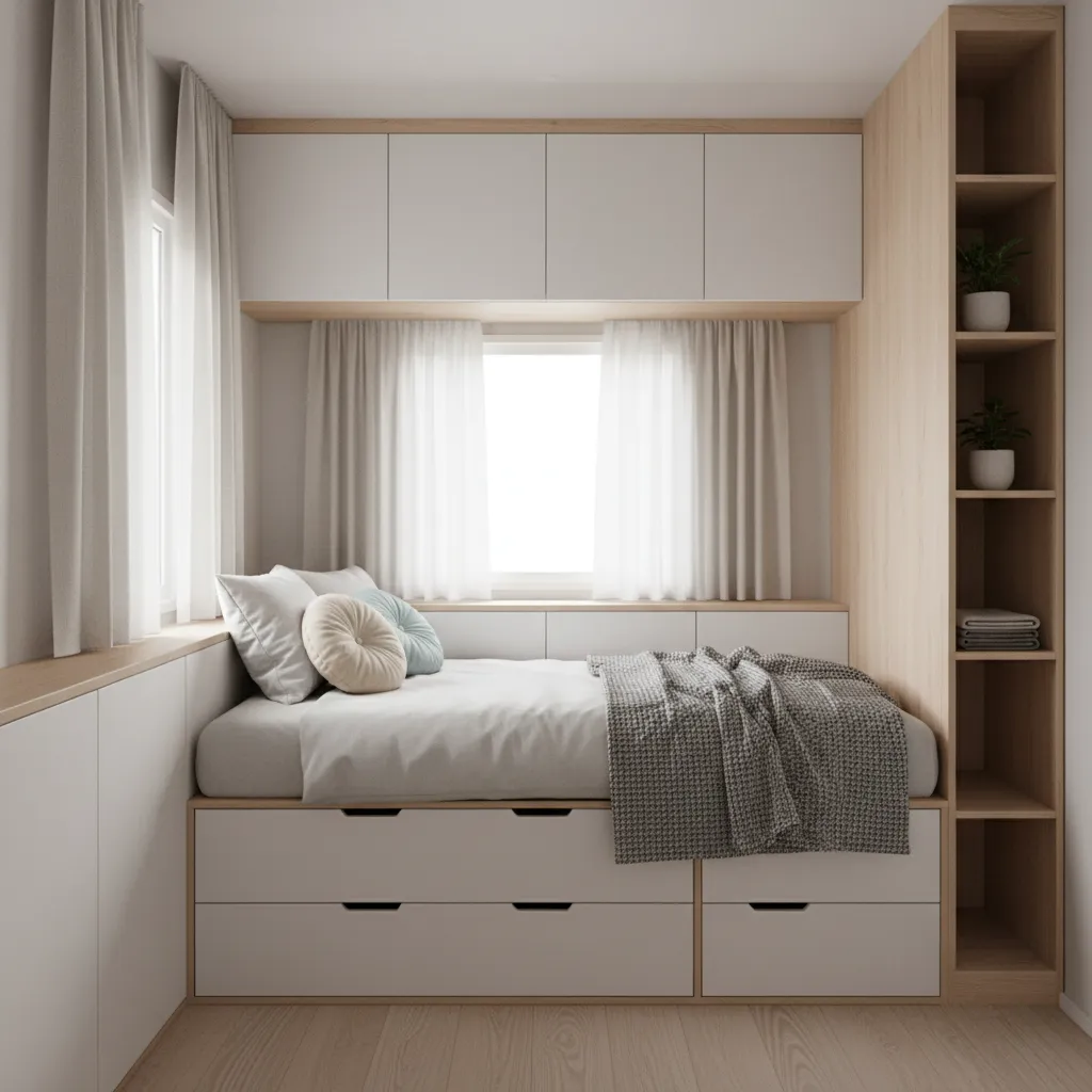 Built in storage solutions inside a small 460 sq ft mobile home bedroom