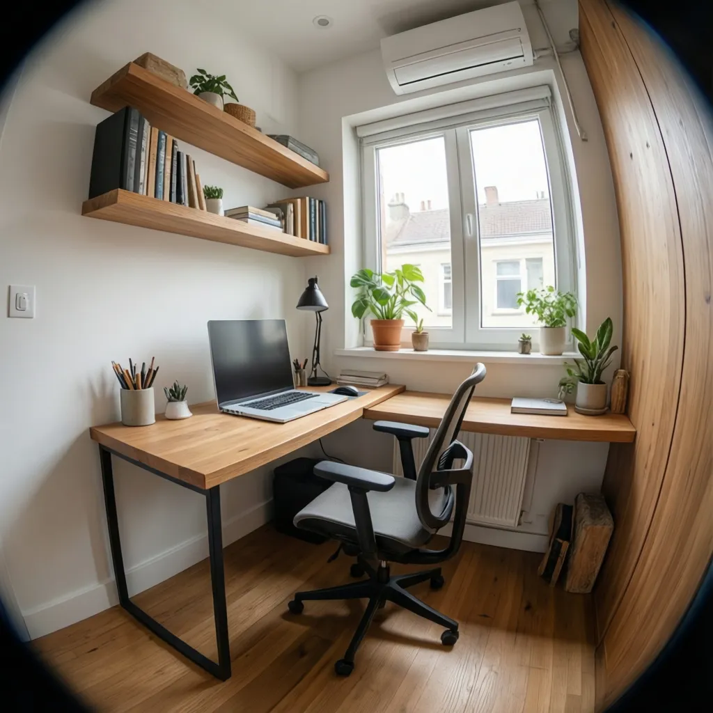 Small home study with wooden desk, black office chair, wall shelves, and bright glass window
