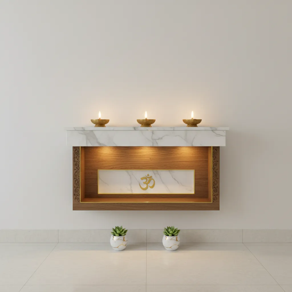 Small home temple with white walls marble base and brass lamps