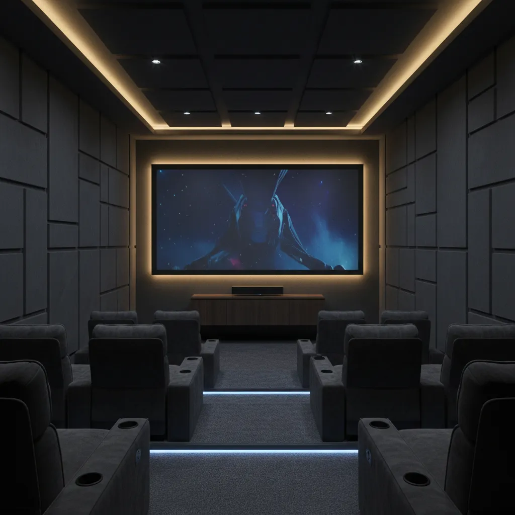 Compact home theater room with large screen and dark interior