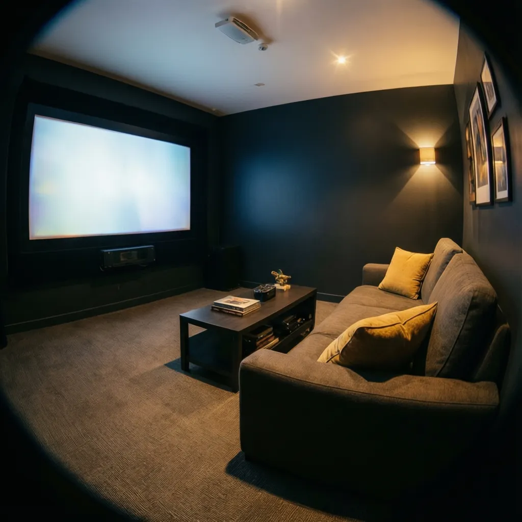 Small home theater room with grey sofa, yellow pillows, coffee table, and bright projector screen