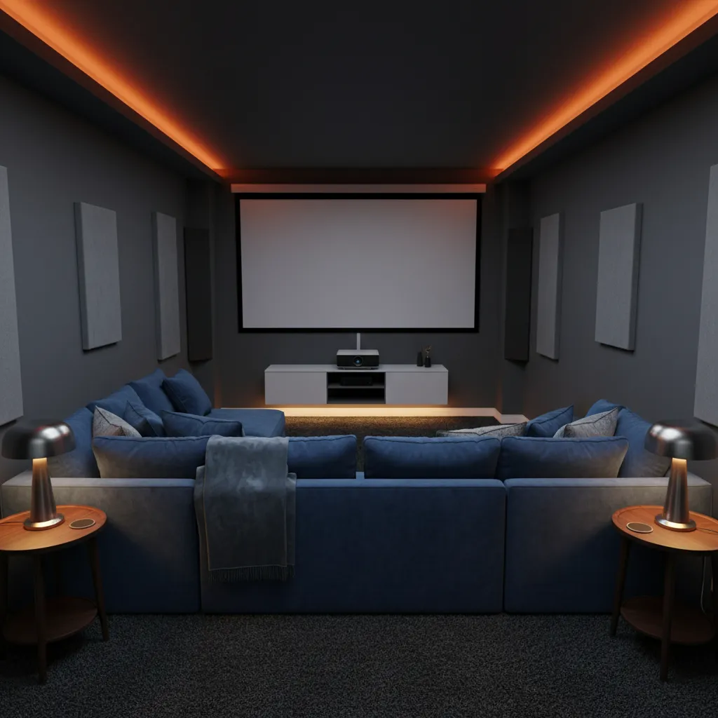 Pequeña sala de cine en casa optimizada para espacios reducidos