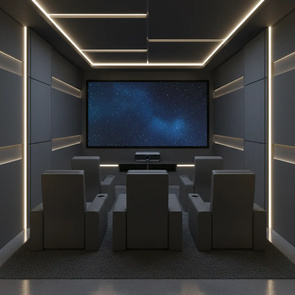 Compact home theater room with projector and minimal seating