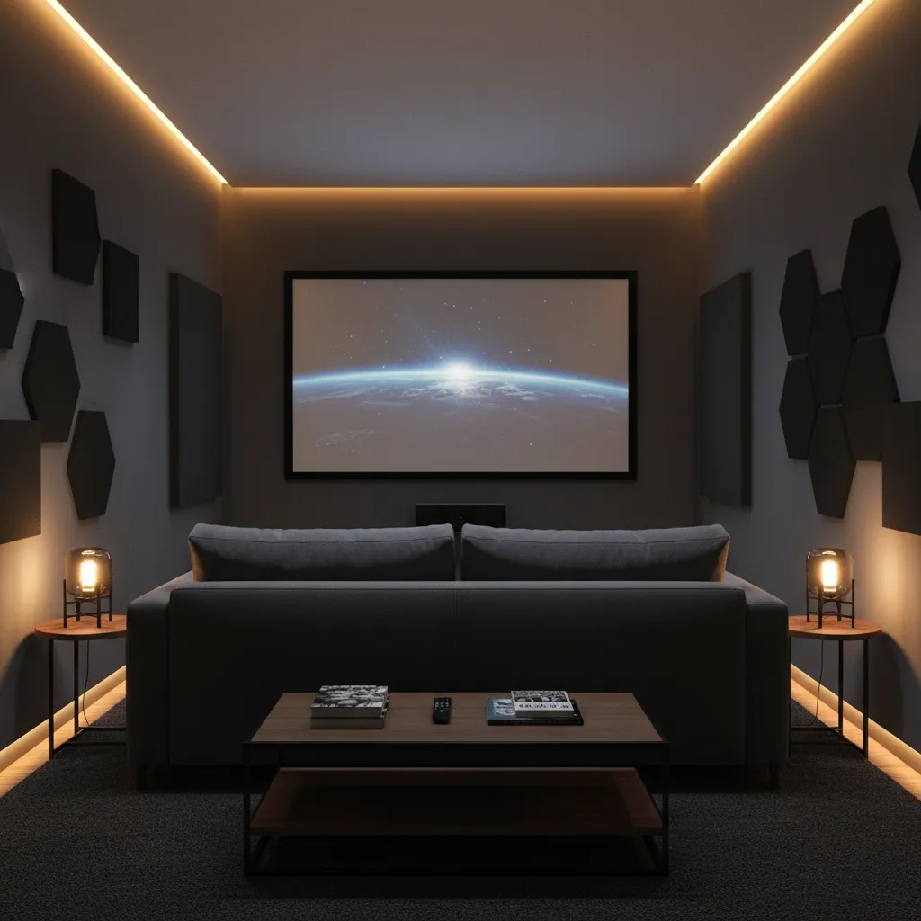 Compact home theatre room with centered sofa and projector screen