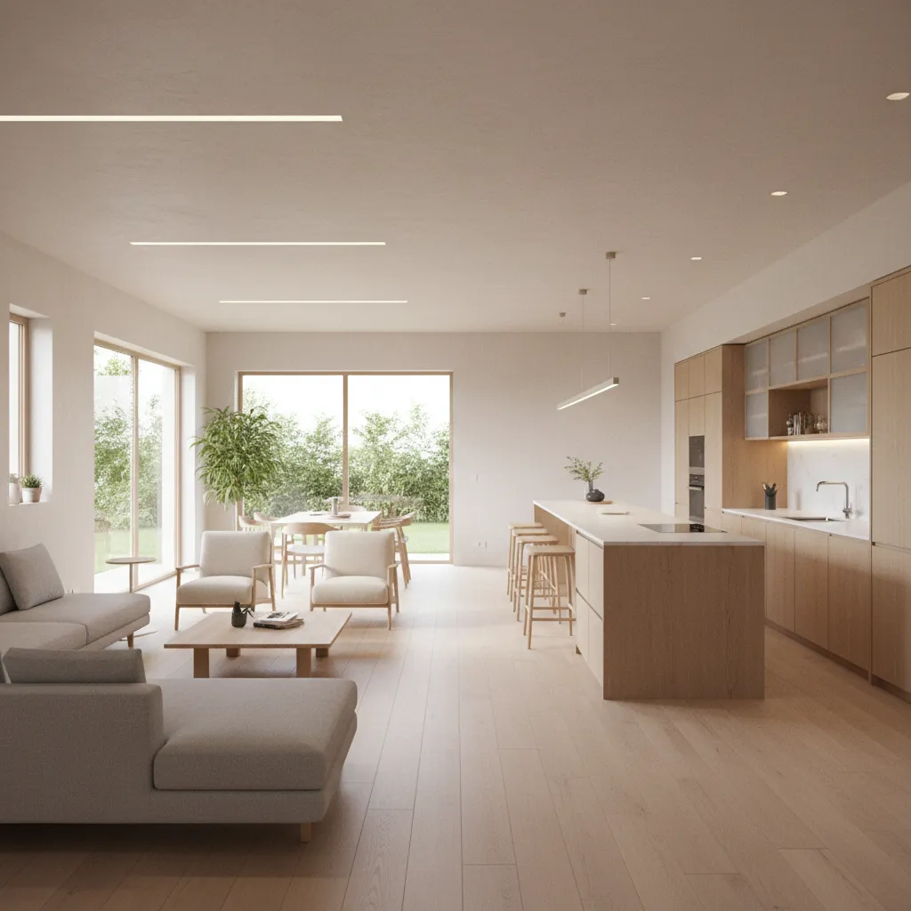 Spacious living room and kitchen area with wood floor grey sofa island and wooden cabinets