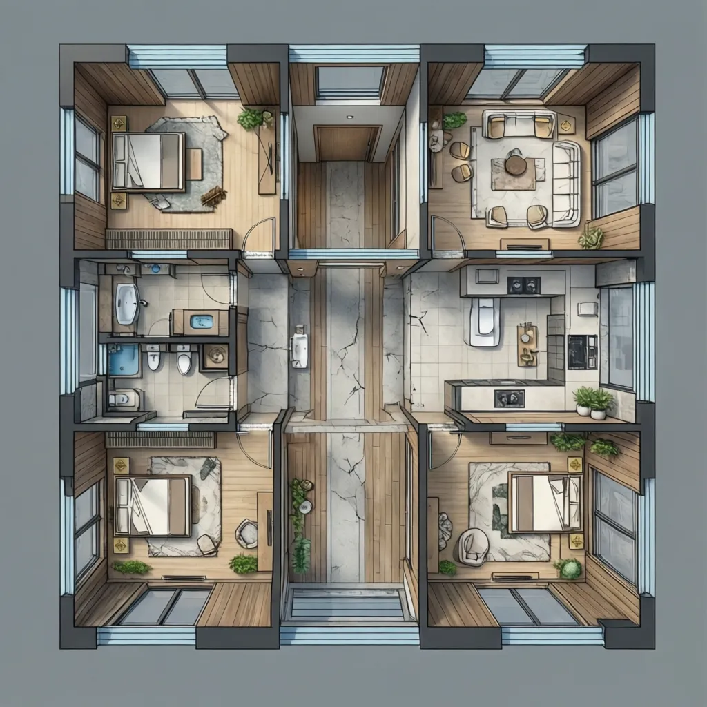 Interior design drawing of three bedroom apartment layout showing living room kitchen and wooden floors