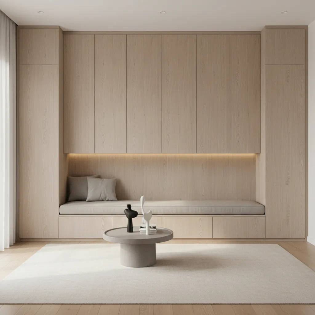 Compact home interior with floor to ceiling storage cabinets