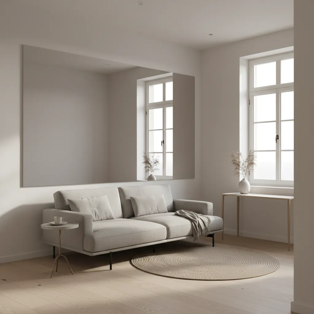 Small modern home interior using mirrors and light colors to expand space visually