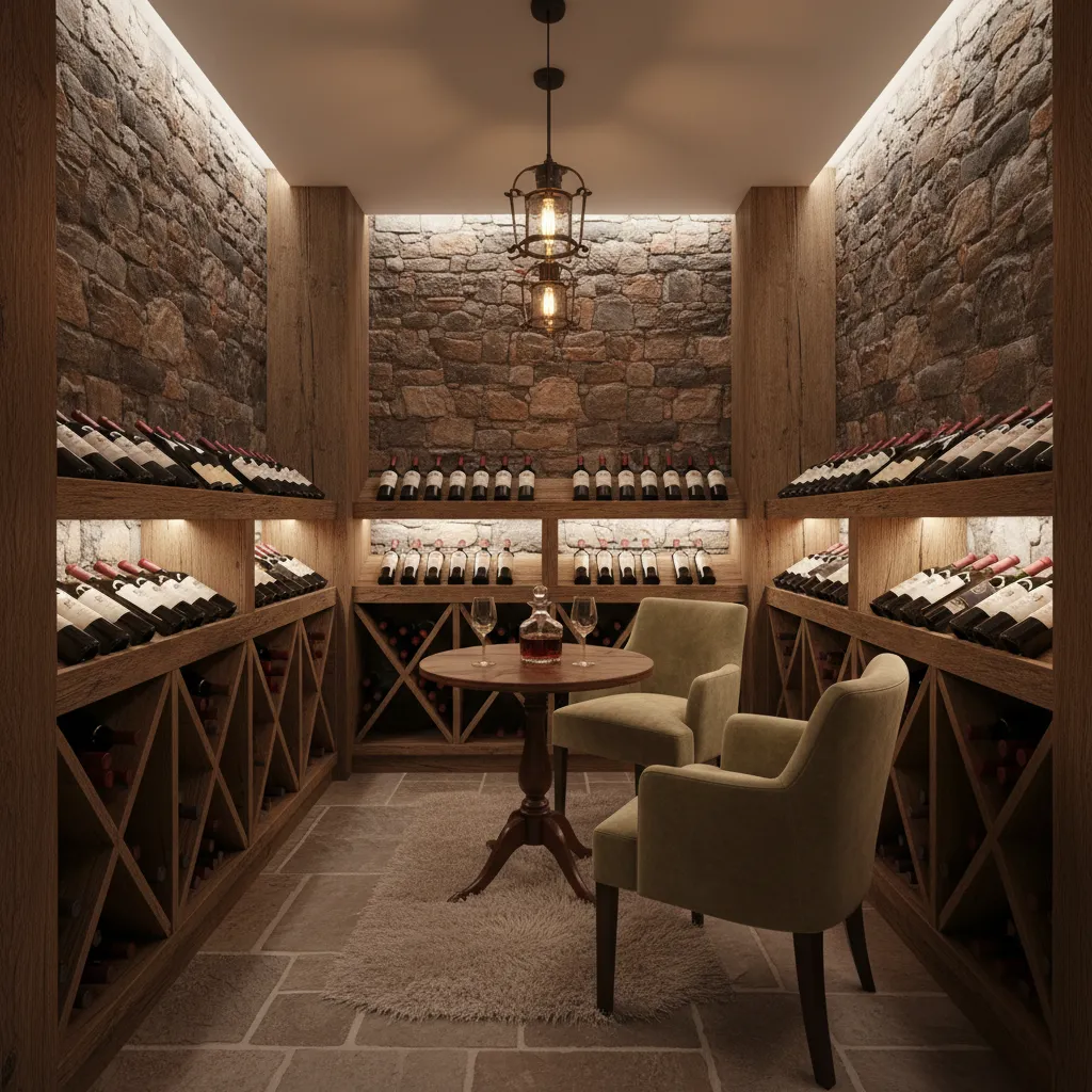 Home wine cellar with stone walls wooden racks round table two chairs and ceiling light