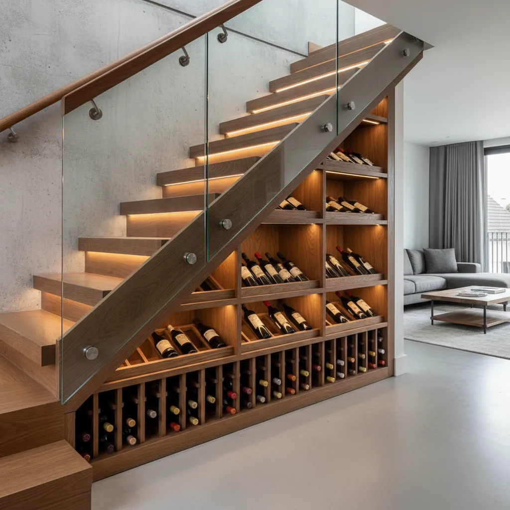 Pequeña bodega doméstica bajo una escalera con estanterías de vino