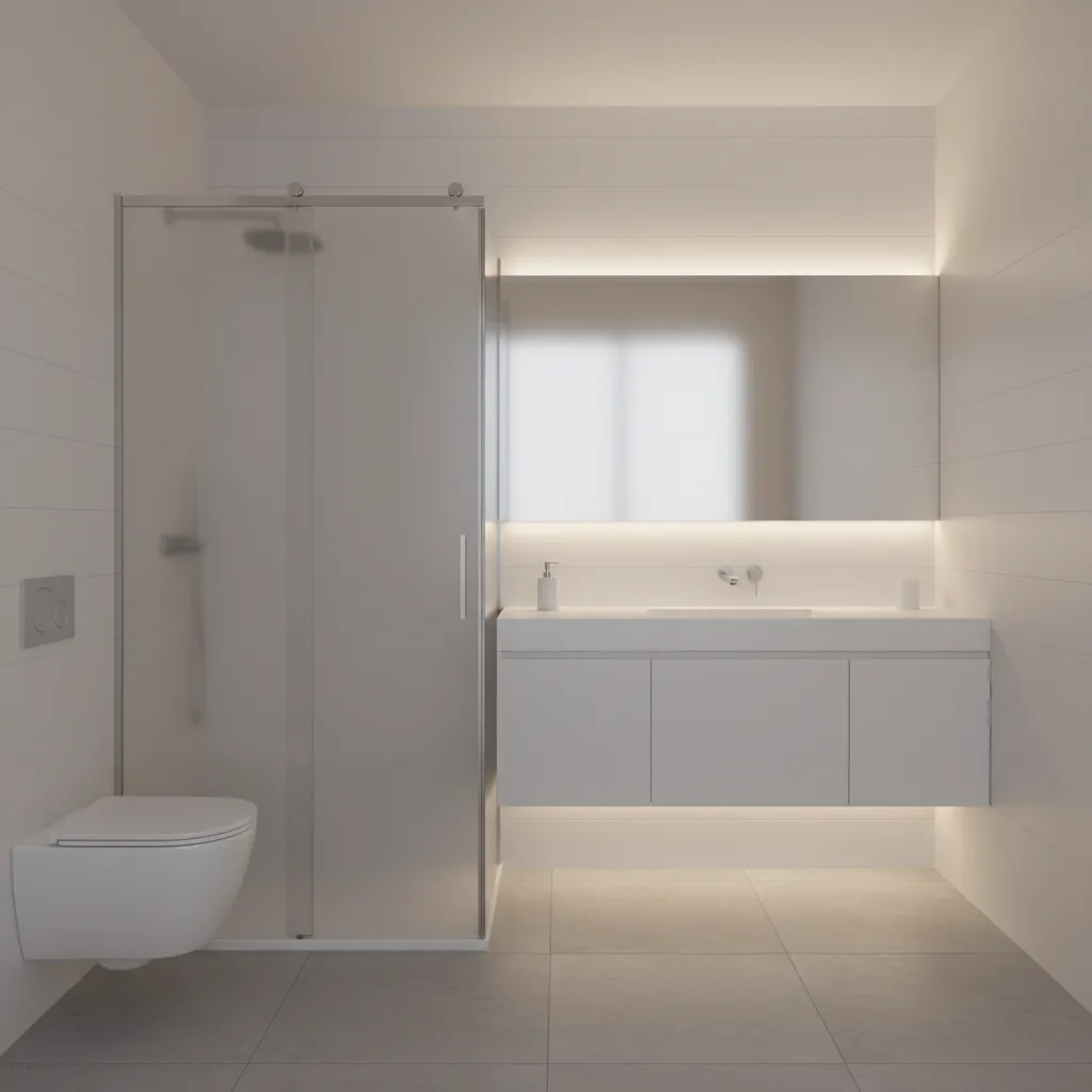 Small hotel bathroom with sliding frosted glass shower door maximizing space