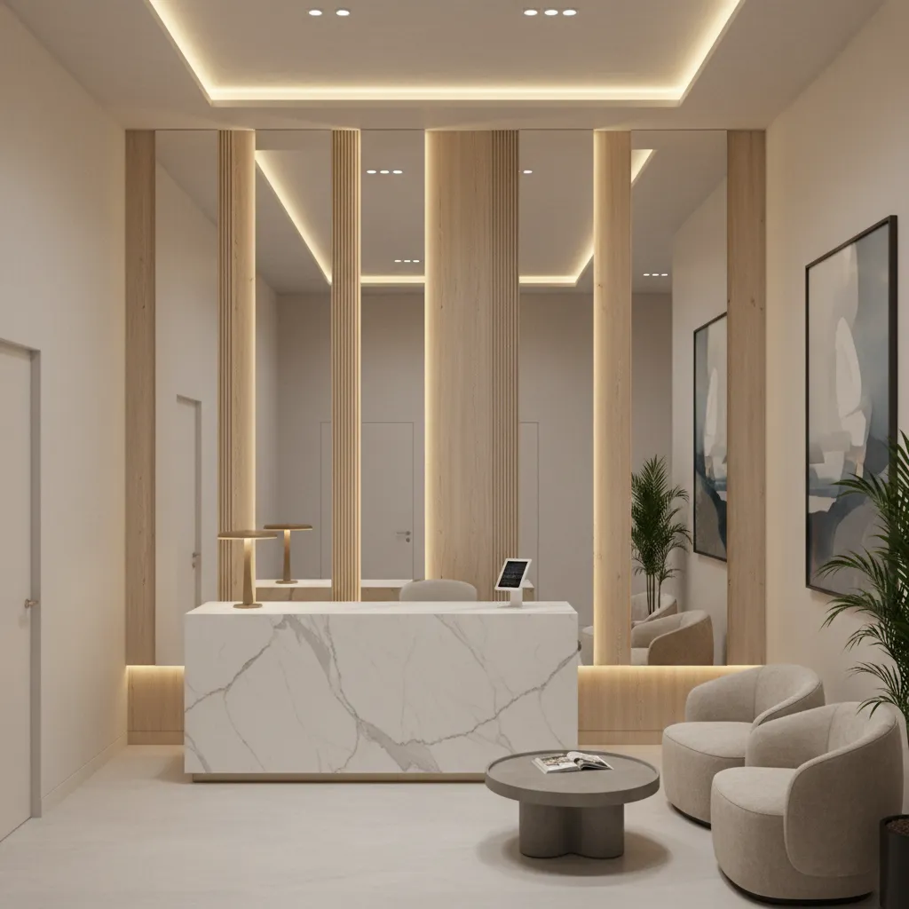 small hotel lobby with mirror wall and vertical design elements making space appear larger