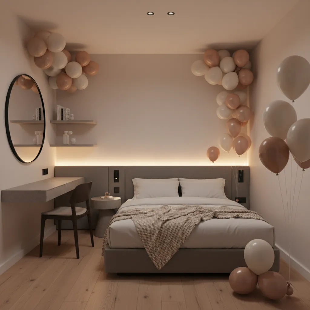 balloon clusters arranged in small hotel room