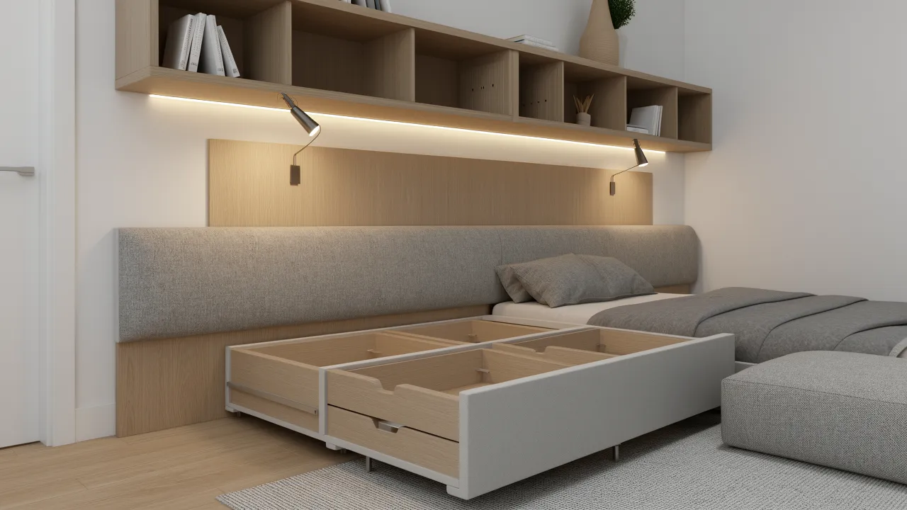 Hotel bed with built in storage drawers and integrated headboard shelving