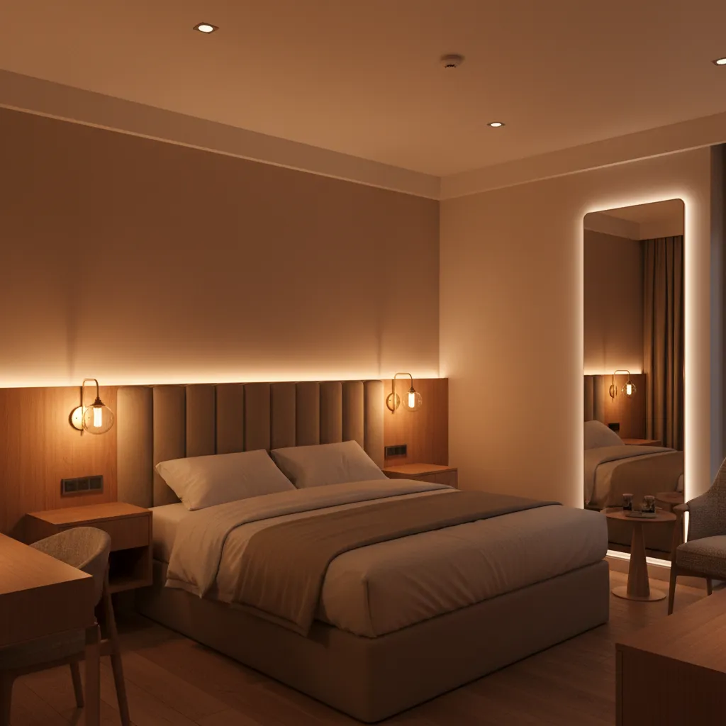Compact hotel room showing layered lighting with wall sconces and ambient light