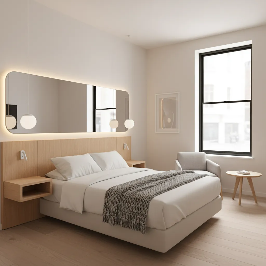 Minimalist hotel bedroom with wooden wall panel, large mirror, white bed, armchair, and small table