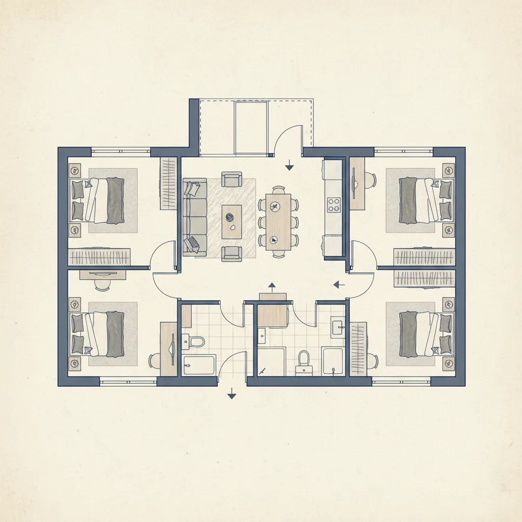 Plano compacto de casa pequeña con tres dormitorios