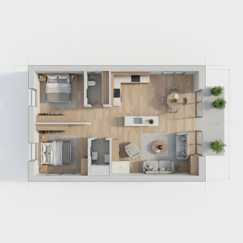Plano 3D de una casa pequeña moderna con dos dormitorios