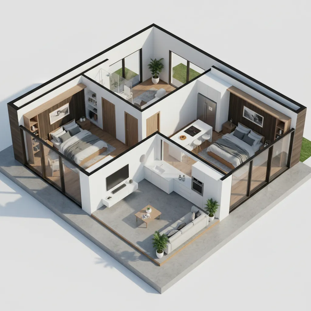 Three dimensional interior design drawing showing two bedrooms a kitchen and a living room layout