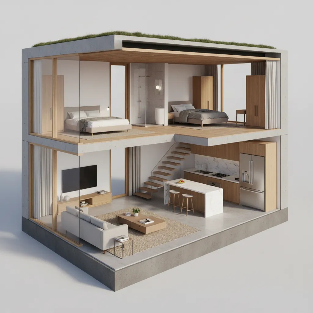 Visualisasi 3D tata ruang rumah kecil modern