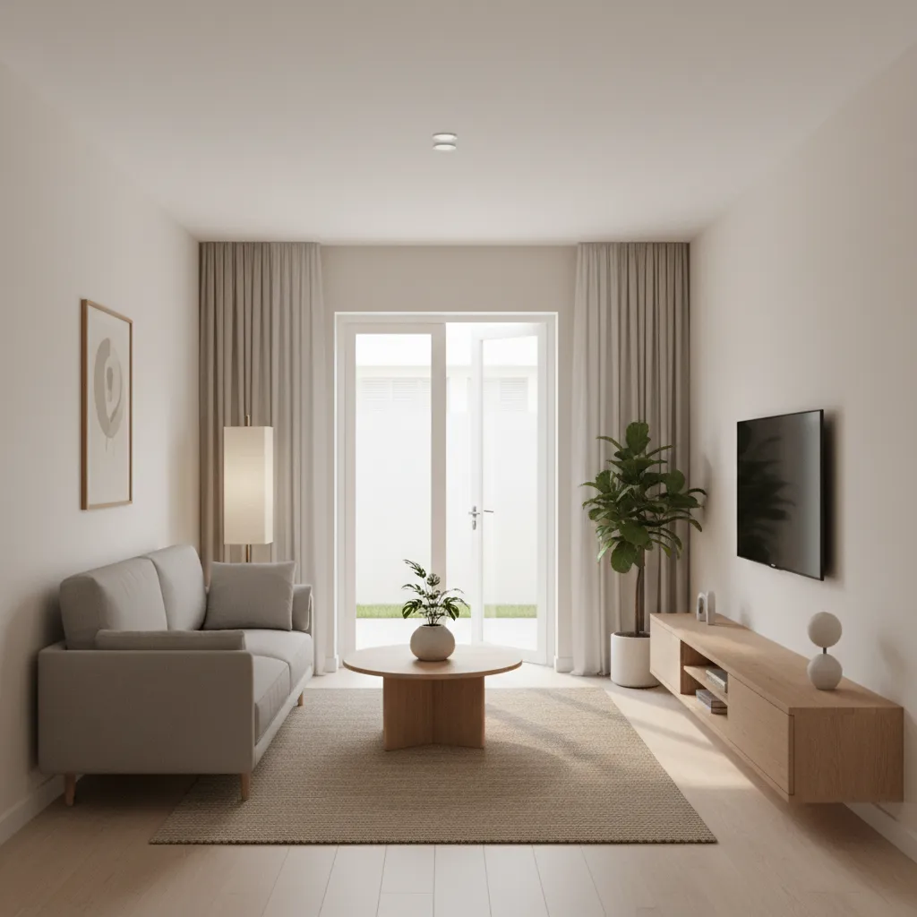 Phòng khách nhà 5x8m thiết kế tối giản và sáng