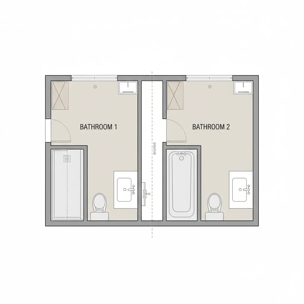 small house floor plan showing shared plumbing wall bathroom layout