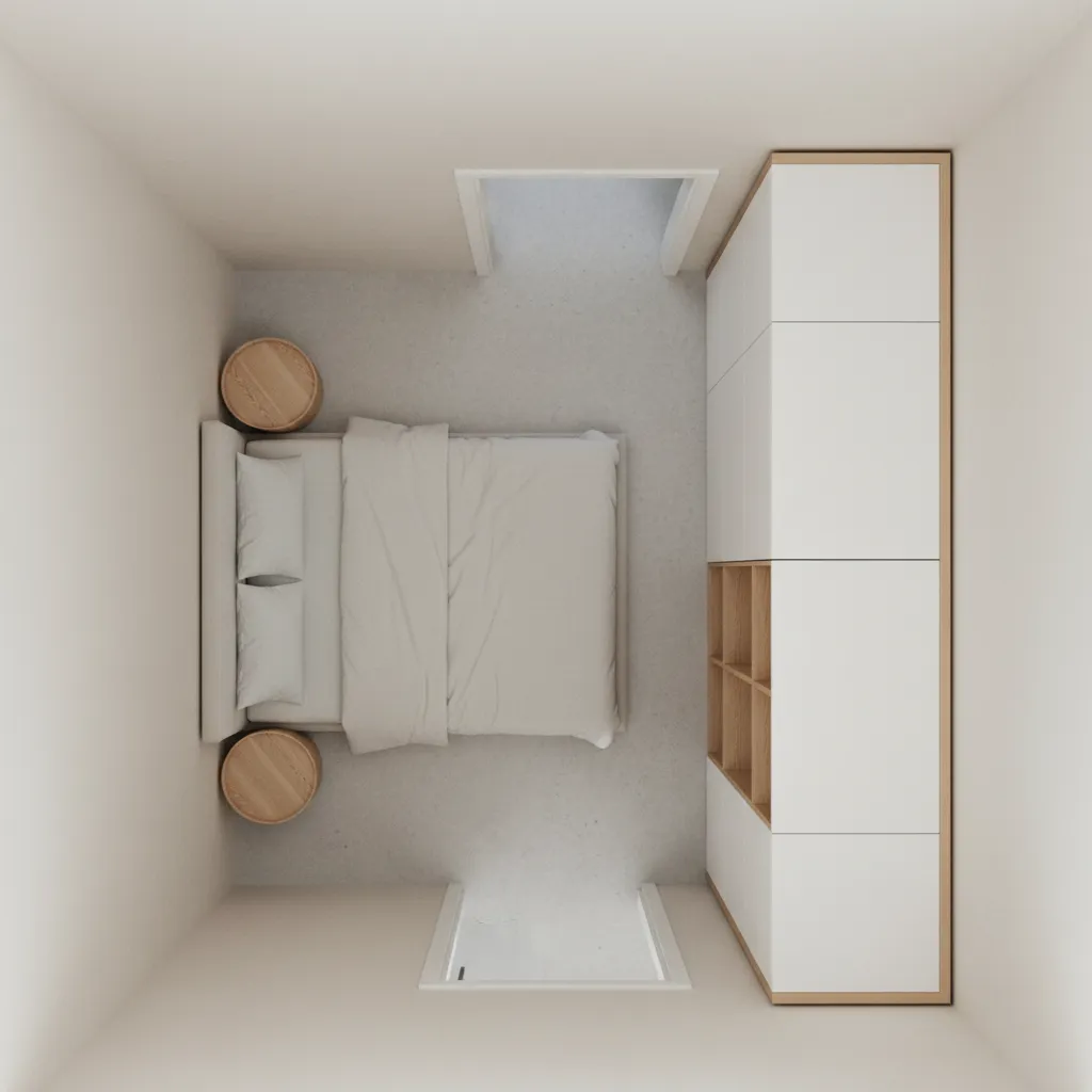 Efficient bedroom layout inside narrow small house floor plan