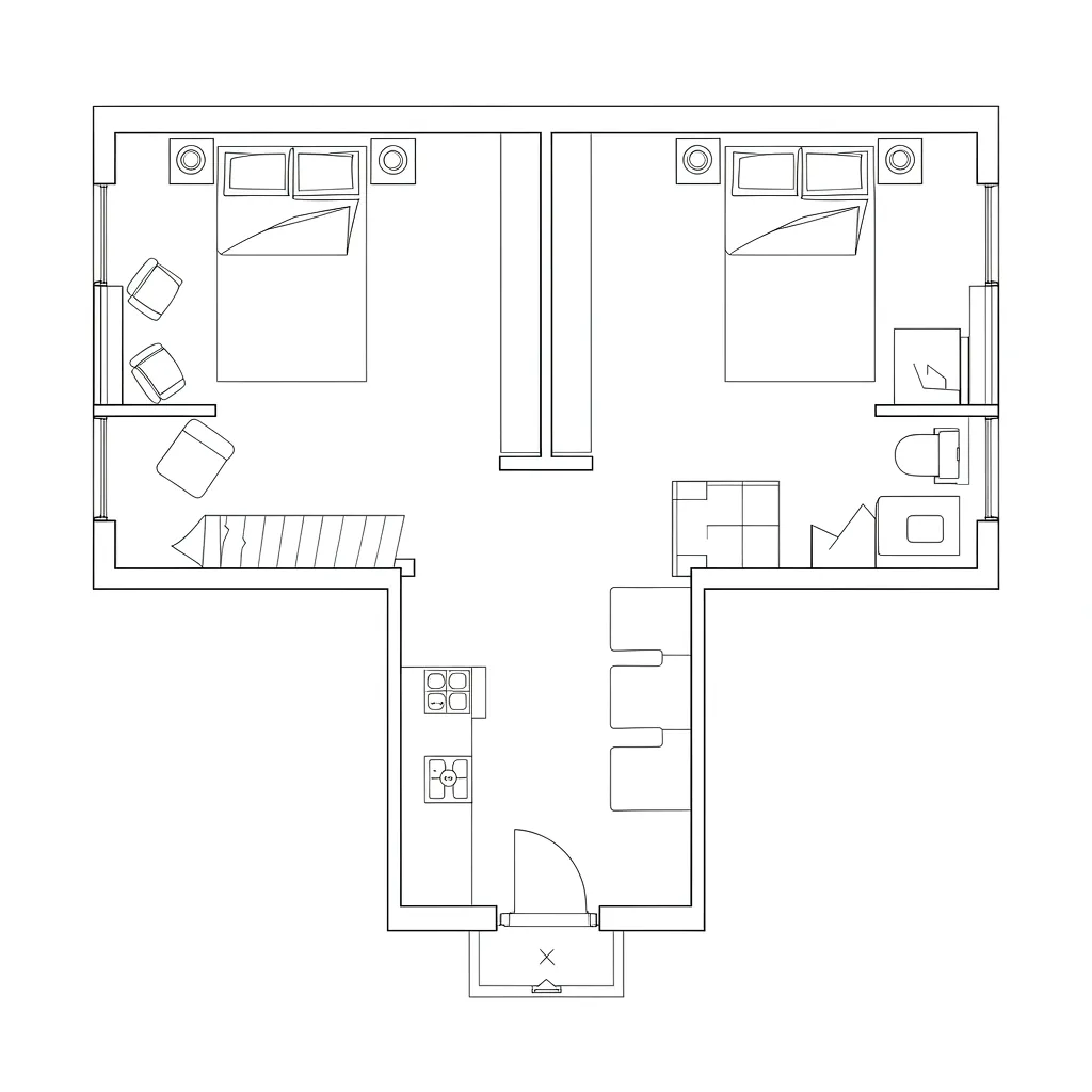 small two bedroom house floor plan showing separated bedroom placement