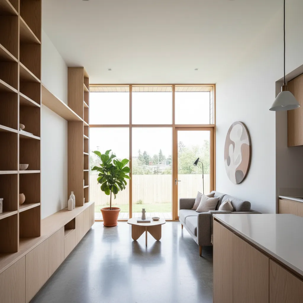 Casa pequeña con gran ventana moderna que ilumina el interior