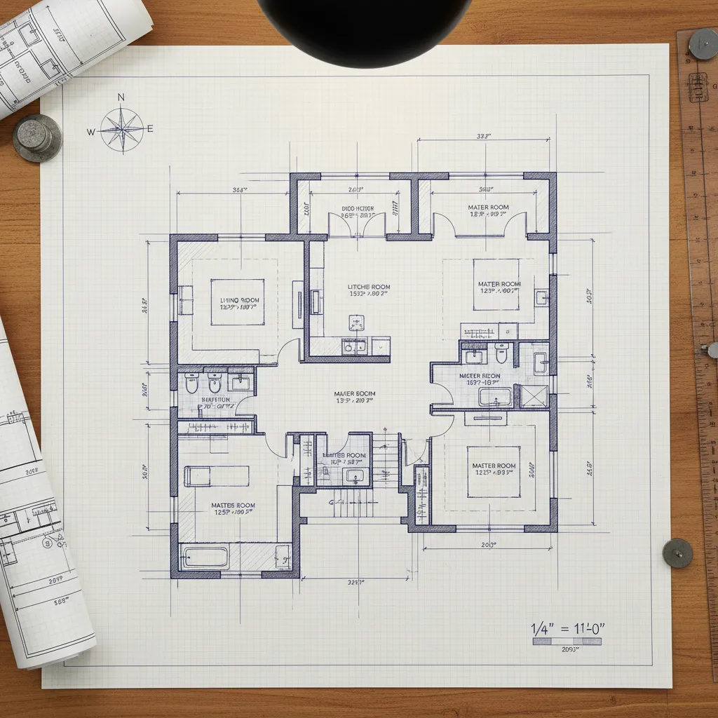 Detailed residential blueprint showing walls dimensions and symbols