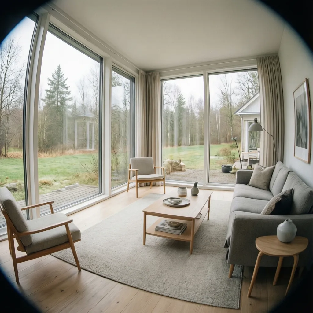 Interior luminoso de casa pequeña con ventanas grandes