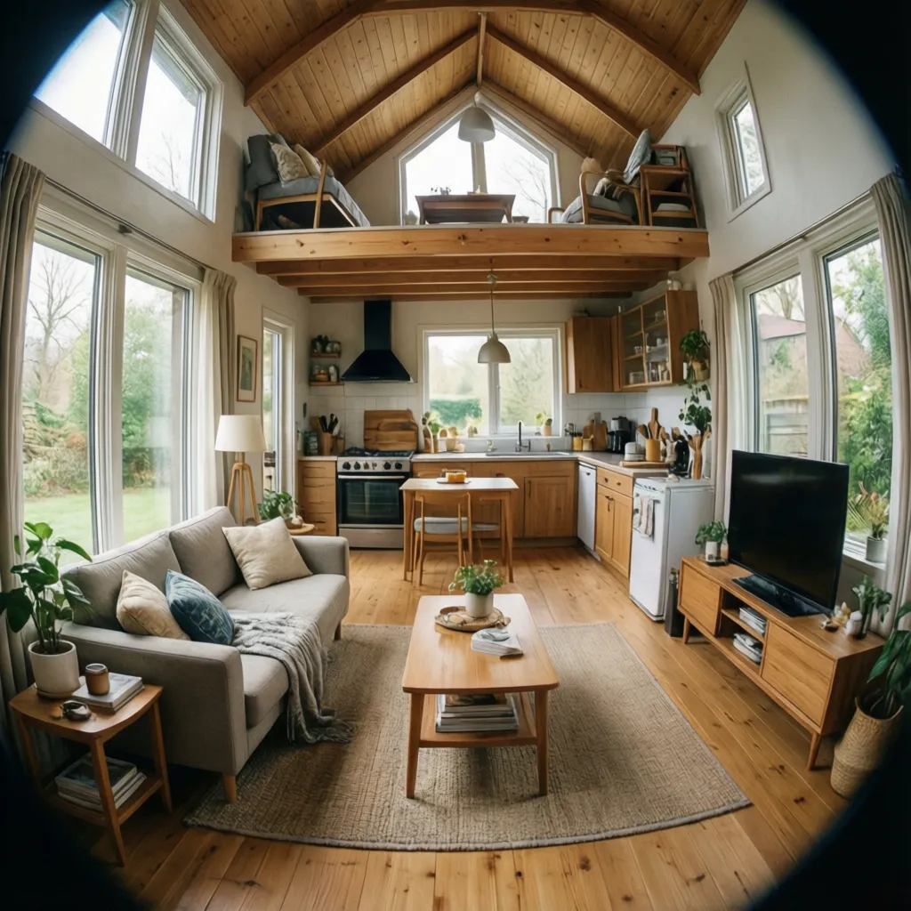 Interior luminoso de casa pequeña con sala y cocina abiertas