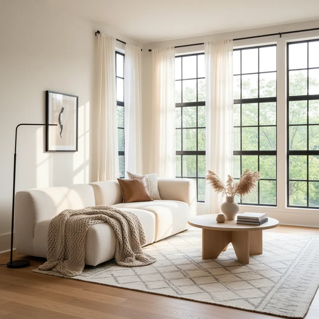 Sala luminosa en una casa americana pequeña con grandes ventanas