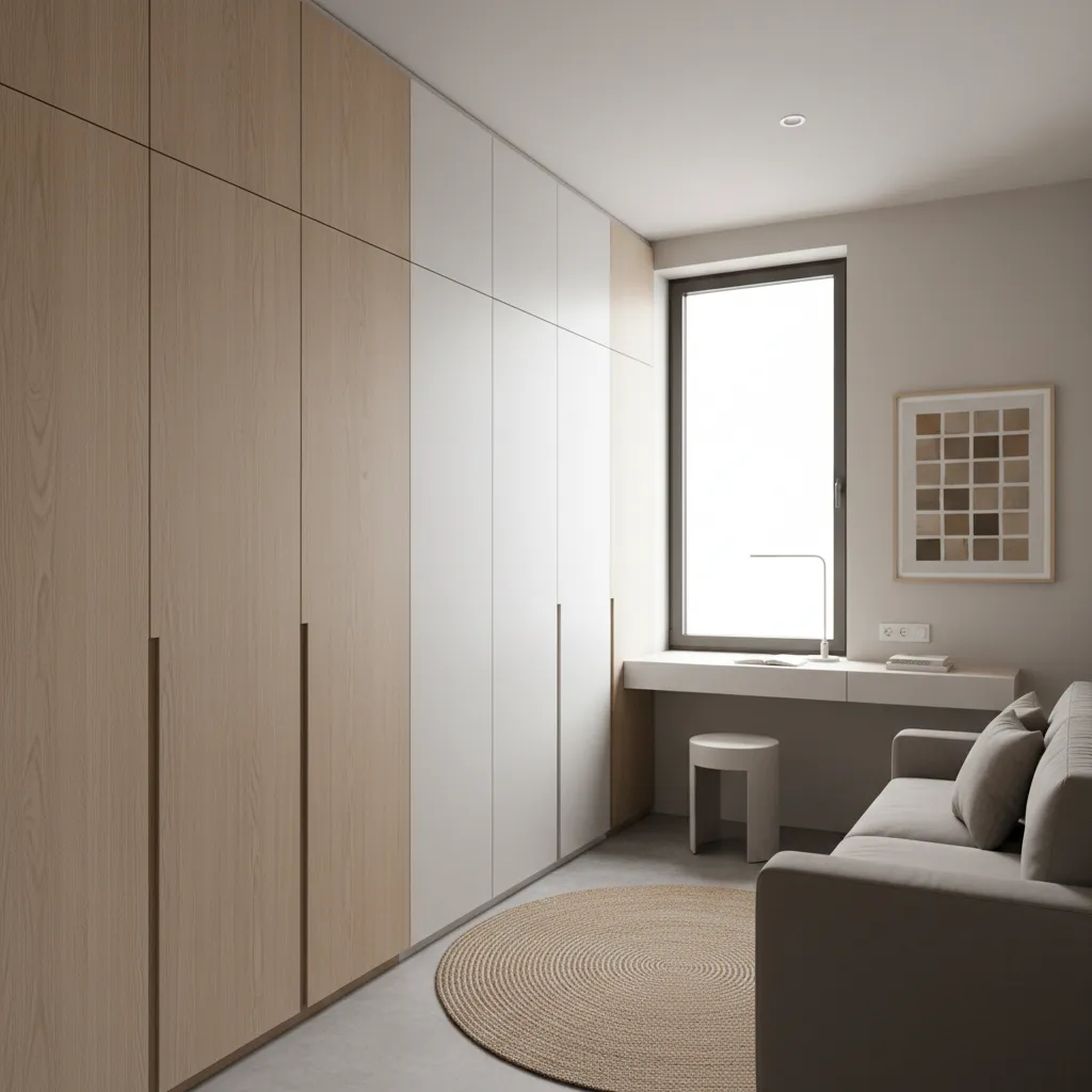 Built in storage solutions in a compact small house bedroom