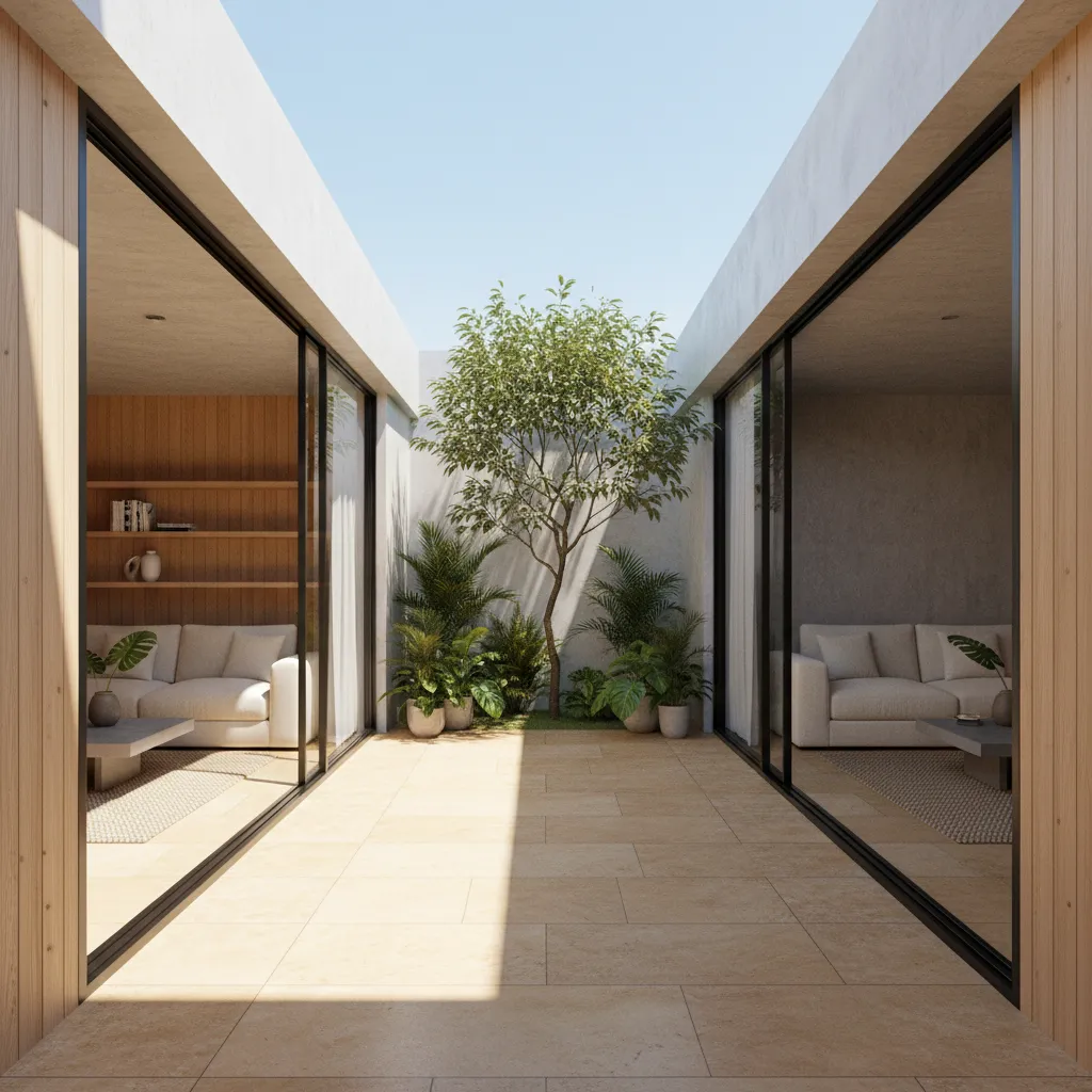 modern small Indian house interior opening to a central courtyard garden